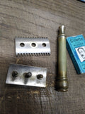 Vtg Antique Gillette 3 Piece Gold Tone Open Comb Razor w/Blades Silver Plate Box