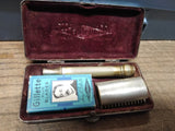 Vtg Antique Gillette 3 Piece Gold Tone Open Comb Razor w/Blades Silver Plate Box