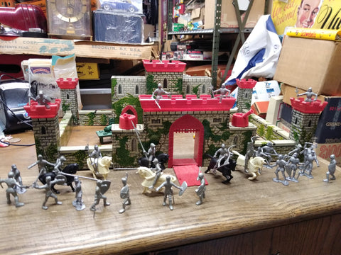 Vtg Louis Marx Tin Lithograph Medieval Castle Fort Playset Knights Horses + More