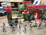 Vtg Louis Marx Tin Lithograph Medieval Castle Fort Playset Knights Horses + More