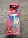 Vtg Date Code B-1 1956 Gillette 3 Pc Tech Safety Razor w/Blue Blades & Box Nice!
