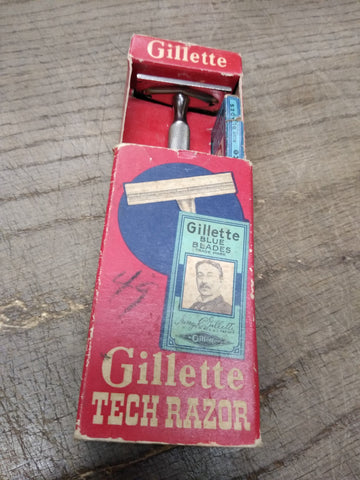 Vtg Date Code B-1 1956 Gillette 3 Pc Tech Safety Razor w/Blue Blades & Box Nice!