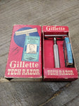 Vtg Date Code B-1 1956 Gillette 3 Pc Tech Safety Razor w/Blue Blades & Box Nice!