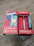 Vtg Date Code B-1 1956 Gillette 3 Pc Tech Safety Razor w/Blue Blades & Box Nice!