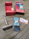 Vtg Date Code B-1 1956 Gillette 3 Pc Tech Safety Razor w/Blue Blades & Box Nice!