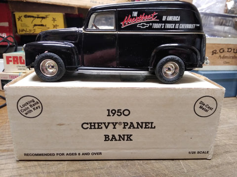Vtg ERTL Diecast Metal 1950 Chevy Panel Delivery Van Black Coin Bank 1:25 USA!