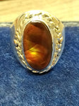 Vtg 925 Silver 14K Gold Wreath Fire Agate Unisex Ring Sz 10.5  3/4" x 7/8" Stone
