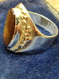 Vtg 925 Silver 14K Gold Wreath Fire Agate Unisex Ring Sz 10.5  3/4" x 7/8" Stone