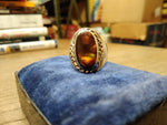 Vtg 925 Silver 14K Gold Wreath Fire Agate Unisex Ring Sz 10.5  3/4" x 7/8" Stone