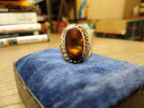 Vtg 925 Silver 14K Gold Wreath Fire Agate Unisex Ring Sz 10.5  3/4" x 7/8" Stone