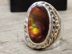 Vtg 925 Silver 14K Gold Wreath Fire Agate Unisex Ring Sz 10.5  3/4" x 7/8" Stone