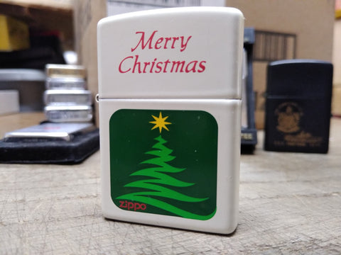Vtg 2000 Zippo Logo Cigarette Lighter Merry Christmas White Matte Green Enamel