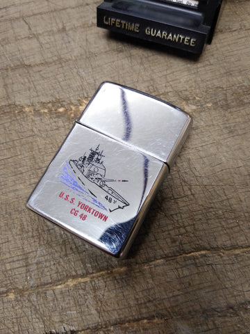 Vtg 1994 Zippo Cigarette Lighter USS Yorktown CG 48 US Navy Polished Chrome Box