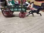 Vtg Cast Iron Toy Black Horse Drawn Freight Hay Farmers Green #441 Wagon 14 Inch