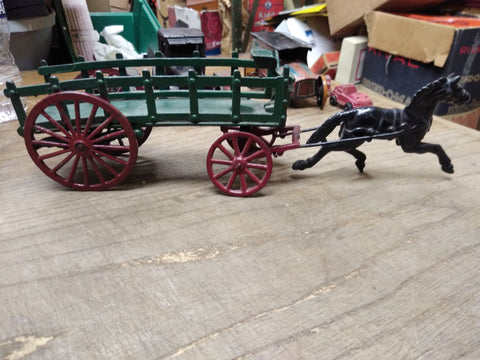 Vtg Cast Iron Toy Black Horse Drawn Freight Hay Farmers Green #441 Wagon 14 Inch