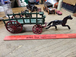 Vtg Cast Iron Toy Black Horse Drawn Freight Hay Farmers Green #441 Wagon 14 Inch