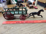 Vtg Cast Iron Toy Black Horse Drawn Freight Hay Farmers Green #441 Wagon 14 Inch