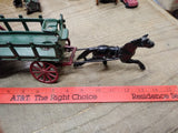 Vtg Cast Iron Toy Black Horse Drawn Freight Hay Farmers Green #441 Wagon 14 Inch