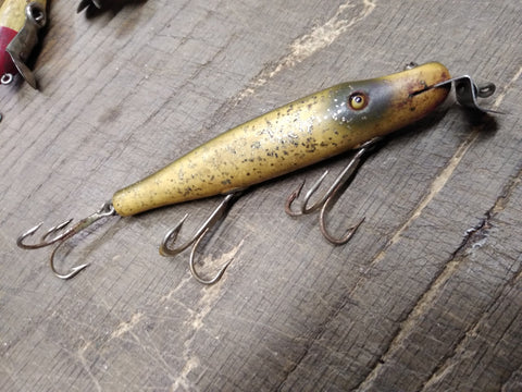 Vtg Garrett CCB Co 9-7-20 Pikie Minnow Wood Glass Eye Green Fishing Lure Plug