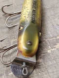 Vtg Garrett CCB Co 9-7-20 Pikie Minnow Wood Glass Eye Green Fishing Lure Plug
