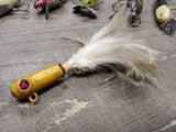Vtg Yellow Lead Jig Head Fishing Lure 1.74 Oz 5" Red Faceted Stone Eyes Feathers