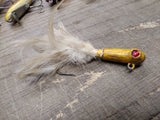 Vtg Yellow Lead Jig Head Fishing Lure 1.74 Oz 5" Red Faceted Stone Eyes Feathers