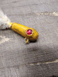 Vtg Yellow Lead Jig Head Fishing Lure 1.74 Oz 5" Red Faceted Stone Eyes Feathers