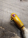 Vtg Yellow Lead Jig Head Fishing Lure 1.74 Oz 5" Red Faceted Stone Eyes Feathers