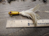 Vtg Yellow Lead Jig Head Fishing Lure 1.74 Oz 5" Red Faceted Stone Eyes Feathers