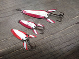 Vtg 3 Piece Lot Marathon Dictator Red and White Fishing Lure Metal Spoons