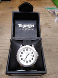 NOS Men's Triumph Motorcycle Quartz Watch White Dial Leather Strap Case Works!