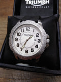 NOS Men's Triumph Motorcycle Quartz Watch White Dial Leather Strap Case Works!