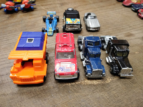 Vtg 7 Pc Lot Diecast Cars Trucks Hasbro Transformer Buddy L Majorette Friction