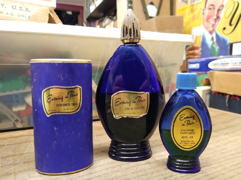 Vtg Evening In Paris Lot .50 Oz Perfume 2 Oz Eau de Toilette 2 Oz Talc 1/2 Full