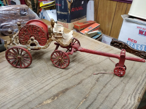 Vtg Cast Iron Toy Horse Drawn Fire Wagon Truck w/Hose Reel Arcade Hubley Type