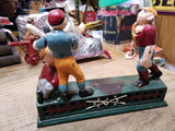 Vtg Painted Cast Iron Mechanical Coin Bank Hometown Battery Baseball Players