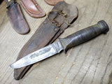 Vtg WW2 Robeson Shuredge USA Combat Fighting Knife Stacked Leather Handle Sheat