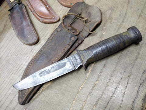 Vtg WW2 Robeson Shuredge USA Combat Fighting Knife Stacked Leather Handle Sheat