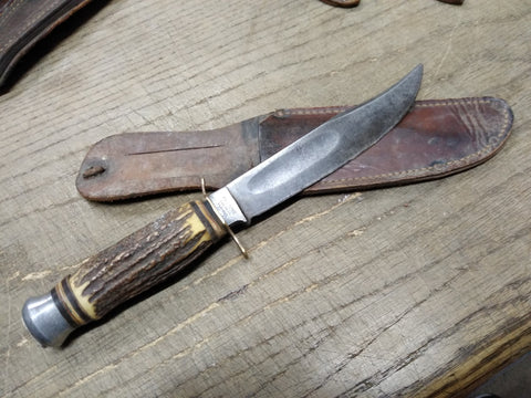 Vtg Edge Mark 473 Solingen Germany Fixed Blade Hunting Knife Stag Handle Sheath