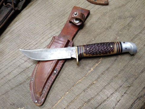 Vtg Western USA Fixed Blade Hunting Bird Trout Knife Jigged Stag Handle wSheath
