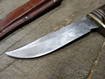 Vtg Western USA Fixed Blade Hunting Bird Trout Knife Jigged Stag Handle wSheath