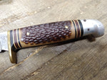 Vtg Western USA Fixed Blade Hunting Bird Trout Knife Jigged Stag Handle wSheath