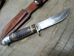 Vtg Western USA Fixed Blade Hunting Bird Trout Knife Jigged Stag Handle wSheath