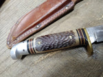 Vtg Western USA Fixed Blade Hunting Bird Trout Knife Jigged Stag Handle wSheath
