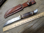 Vtg Western USA Fixed Blade Hunting Bird Trout Knife Jigged Stag Handle wSheath