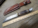 Vtg Western USA Fixed Blade Hunting Bird Trout Knife Jigged Stag Handle wSheath