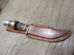 Vtg Western USA Fixed Blade Hunting Bird Trout Knife Jigged Stag Handle wSheath