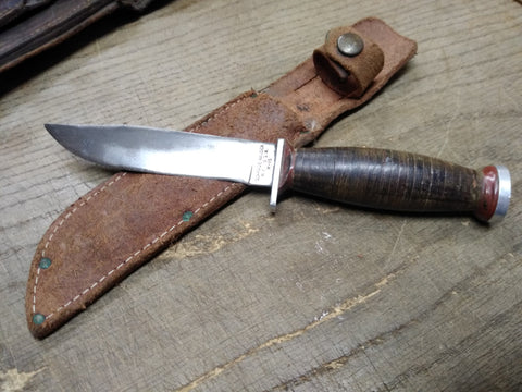 Vtg Schrade Walden H 15 NY USA Hunting Knife Stacked Leather Handle Sheath Nice