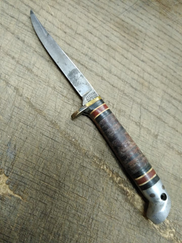 Vtg Western Boulder USA L28 Fixed Blade Bird & Trout Knife Stacked Leather 6.5"