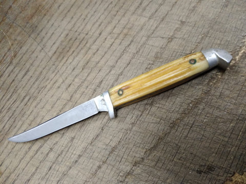 Vtg Orig Queen USA 6" Fixed Blade Bird Trout Knife Winterbone Scales 40's Carbon